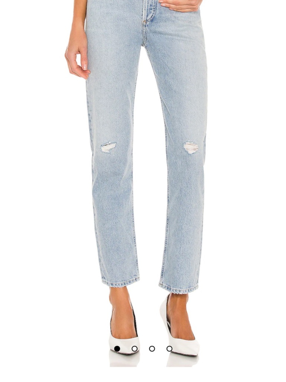 Agolde Light Blue Straight Leg Jeans with Knee Distress